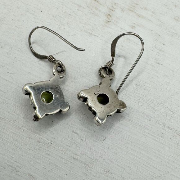 Vtg Green Peridot Gemstone Cabochon And Seed Pearl Sterling Silver Drop Earrings - Picture 4 of 11